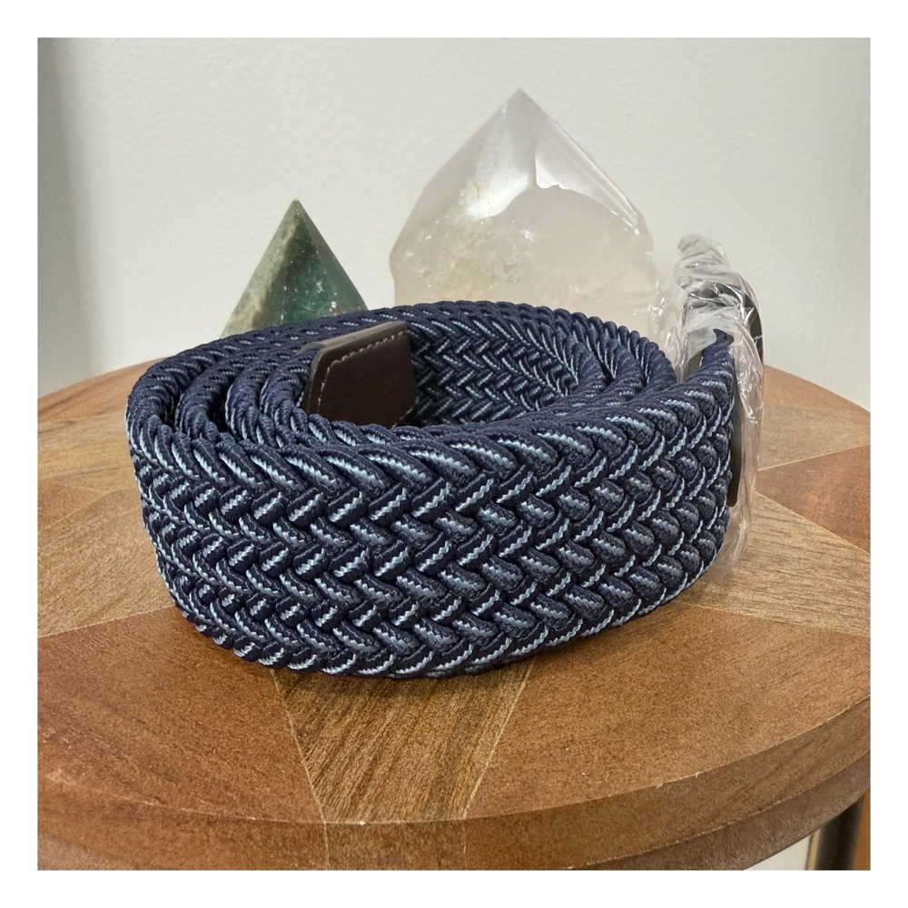 Reveur Homme Mens Braided Stretch Belt Dusty Blue Woven Leather Trim 36 5BT7567M